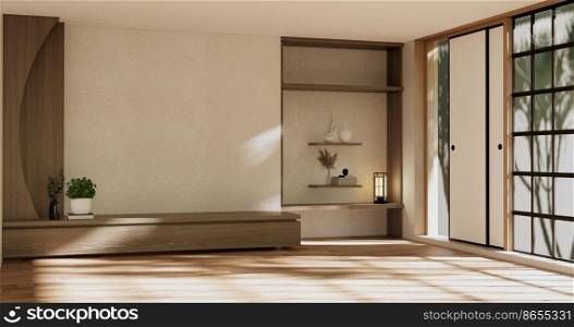 Cabinet room wooden interior wabisabi style.3D rendering