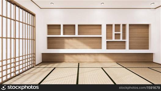 cabinet shelf wall on tatami mat floor room japanese style. 3D rendering