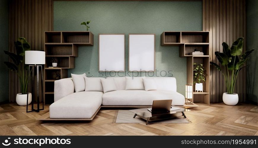 Cabinet shelves on Green wall design room with decoration ,lamp,plants,carpet, sofa.3D rendering