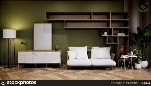 Cabinet shelves on Green wall design room with decoration ,lamp,plants,carpet, sofa.3D rendering