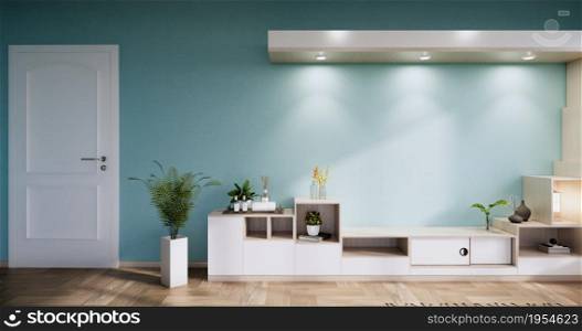 Cabinet shelves on mint wall design room.3D rendering