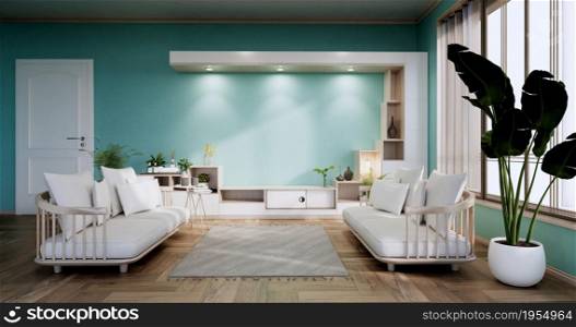Cabinet shelves on mint wall design room with decoration ,lamp,plants,carpet, sofa.3D rendering