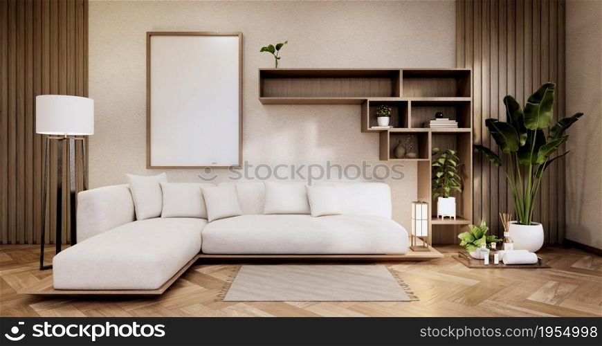 Cabinet shelves on wall design room with decoration ,lamp,plants,carpet, sofa.3D rendering