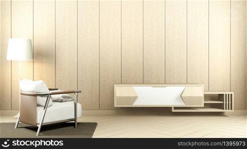 Cabinet TV in white empty interior and armchair room Japanese-style, 3d rendering