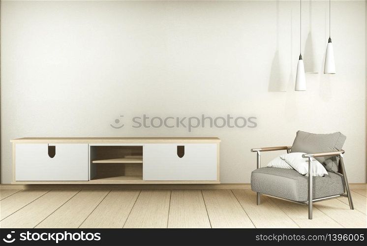 Cabinet TV in white empty interior room Japanese-style, 3d rendering