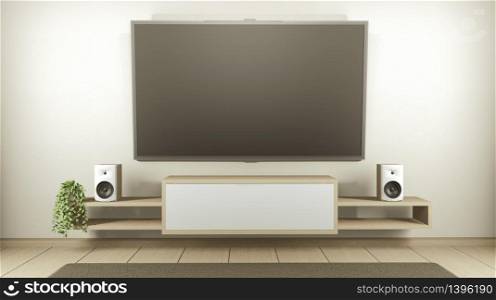 Cabinet TV in white empty interior room Japanese-style, 3d rendering