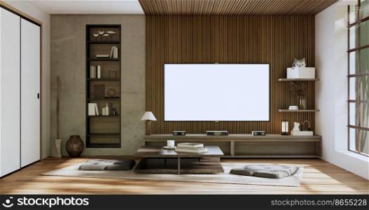 cabinet tv wooden japanese design on room minimal interior.3D rendering