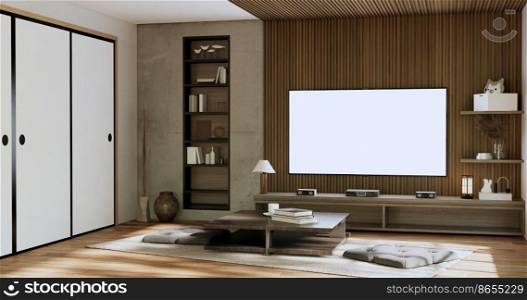 cabinet tv wooden japanese design on room minimal interior.3D rendering