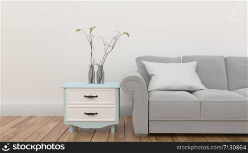 Cabinet with plant and pillow on gray sofa in front of empty white background wall .3D rendering
