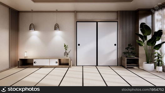 Cabinet wooden design,zen room interior,modern japanese style,decoration.3D rendering