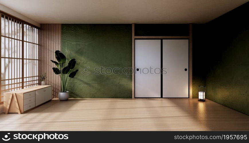 Cabinet wooden display design on Green room japanese minimalist living roon unterior, 3D rendering