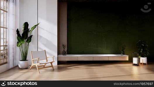 Cabinet wooden display design on Green room japanese minimalist living roon unterior, 3D rendering