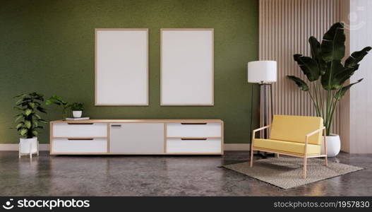 Cabinet wooden display design on Green room japanese minimalist living roon unterior, 3D rendering