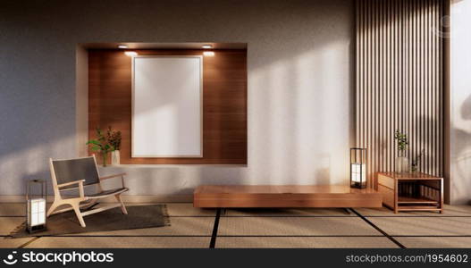 Cabinet wooden display design on room japanese minimalist living roon unterior, 3D rendering