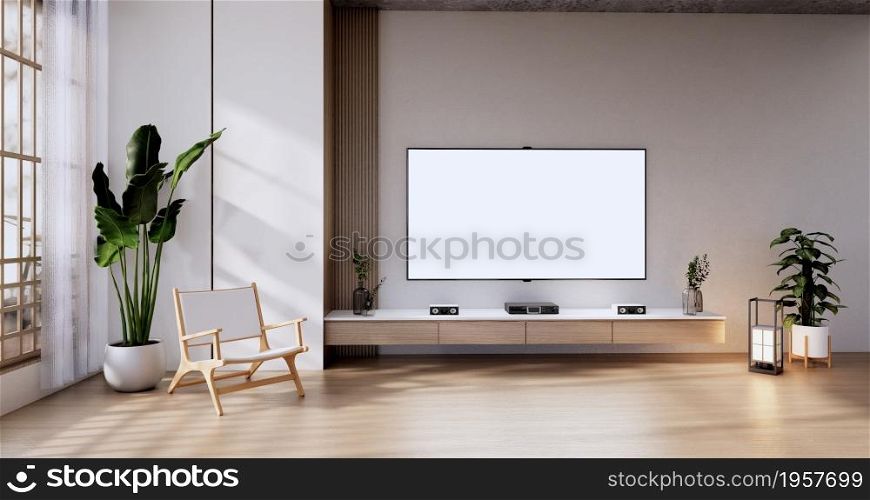Cabinet wooden display design on room japanese minimalist living roon unterior, 3D rendering