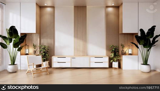 Cabinet wooden display design on room japanese minimalist living roon unterior, 3D rendering