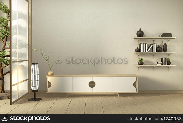 Cabinet wooden in modern living room japan style on white wall background,3d rendering