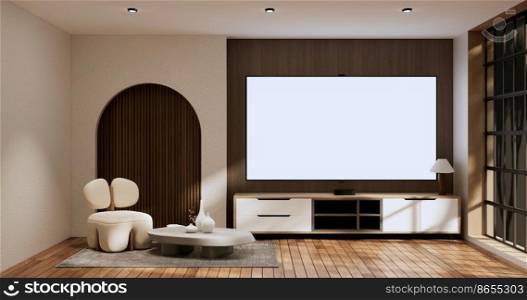 Cabinet wooden japandi design on living room wabi sabi style empty wall background.3D rendering