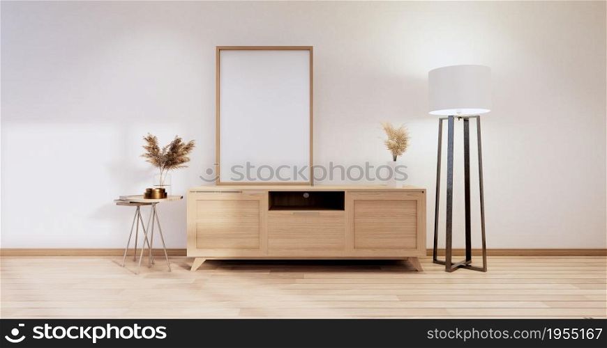 Cabinet wooden japanese design on living room minimalist empty wall background.3D rendering