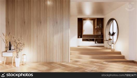 Cabinet wooden japanese design on living room minimalist empty wall background.3D rendering
