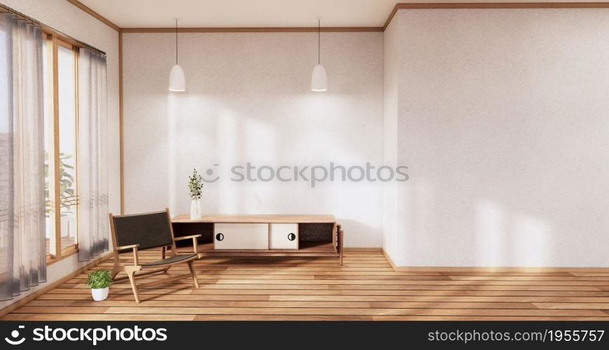 Cabinet wooden japanese design on living room zen style empty wall background.3D rendering