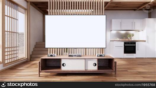 Cabinet wooden japanese design on living room zen style empty wall background.3D rendering