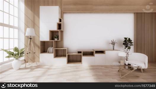 Cabinet wooden japanese style with low table wooden on room minimal interior.3D rendering