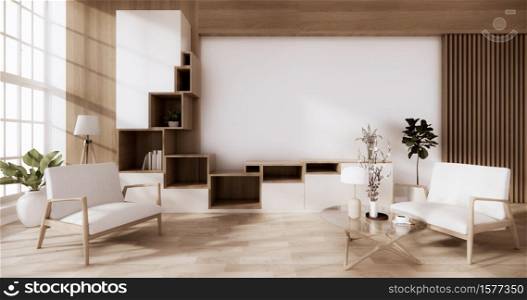 Cabinet wooden japanese style with low table wooden on room minimal interior.3D rendering