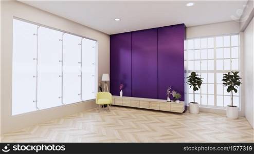 cabinet wooden with on purple wall design and wooden floor, tropical interior living room. 3d rendering