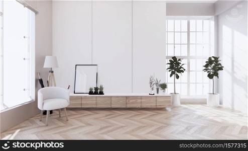 cabinet wooden with on white wall and wooden floor, tropical interior living room. 3d rendering