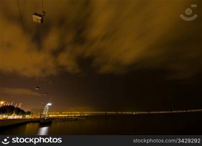 Cable car at night. cable car above the Tejo at the Expo park in Lisbon
