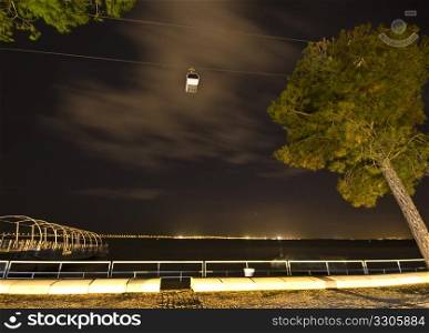 cable car high above the Tejo at night