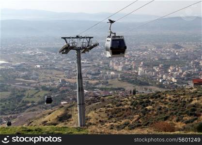 Cable car on the hjill with acropolis in Bergama, Turkey
