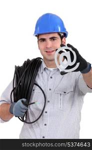 cable guy holding an at sign