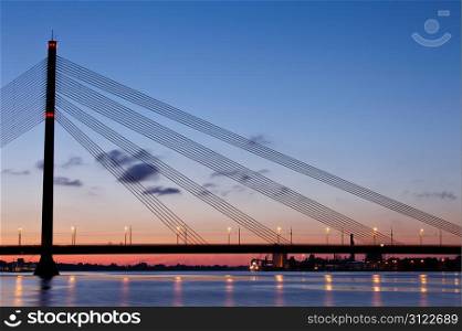 Cable-stayed bridge at night. Riga, Latvia