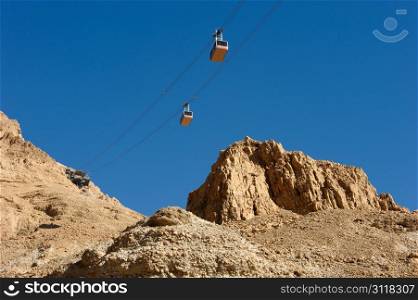 Cableway cabins descends from the fortress Masada.