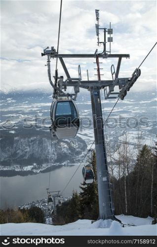 Cableway in Mountains, winter nature landscape