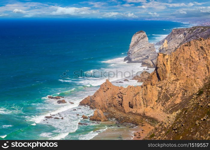 Cabo da Roca. Cliffs and rocks on the Atlantic ocean coast in Sintra in a beautiful summer day, Portugal