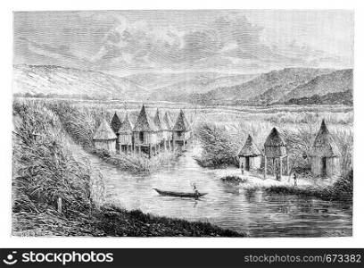 Cabou-heo-oue Village, in Angola, Southern Africa, drawing by De Bar based on the English edition, vintage illustration. Le Tour du Monde, Travel Journal, 1881