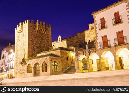 Caceres Plaza Mayor square at sunset in Extremadura of Spain