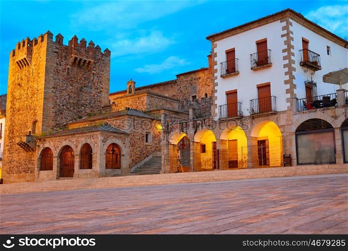 Caceres Plaza Mayor square at sunset in Extremadura of Spain