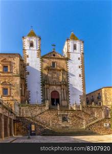 Caceres, Spain - 30 March, 2022: view of the historic San Francisco Javier church in the historic old town of Caceres