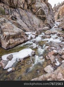 Cache la Poudre River at Big Narrows west of Fort Collins in northern Colorado - winter scenery with some ice. 4x5 format stitched from 3 pictures,
