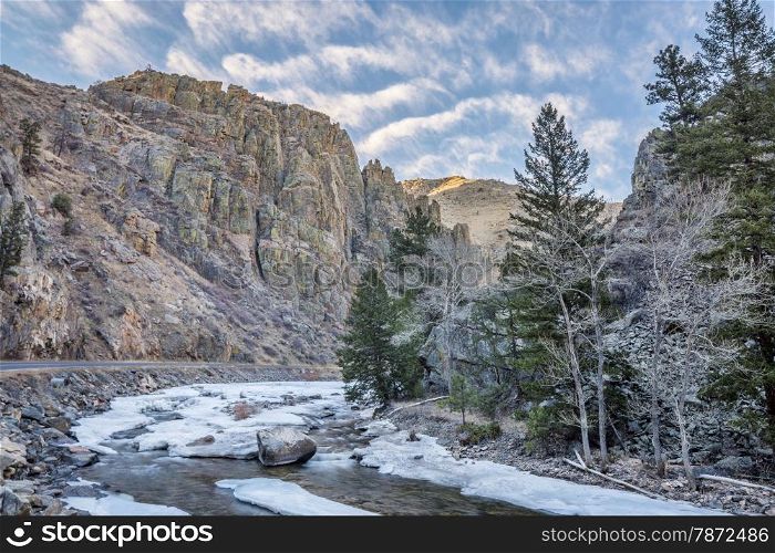 Cache la Poudre River at Little Narrows west of Fort Collins, Colorado - winter scenery