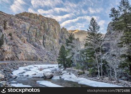 Cache la Poudre River at Little Narrows west of Fort Collins, Colorado - winter scenery
