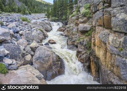 Cache la Poudre River at Poudre Falls - aerial view in summer with high flow