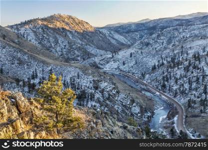 Cache la Poudre River Canyon and Colorado highway 14 - a winter view from Gateway Natural Area near Fort Collins