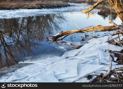 Cache la Poudre River in Fort Collins, Colorado, winter or early spring scenery with icy shores