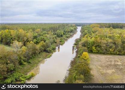 Cache River in Illinois above confluence with the Mississippi River, aerial view of fall scenery