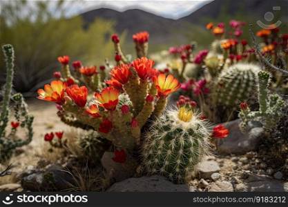 cacti and other desert flora blooming in the spring, created with generative ai. cacti and other desert flora blooming in the spring